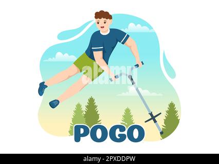Les personnes jouant avec Sport Jump Pogo Stick Illustration pour bannière Web ou page d'arrivée en extérieur Fun Toy Flat Cartoon modèles dessinés à la main Banque D'Images