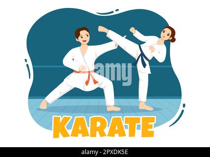 Les gens qui font quelques mouvements de base d'arts martiaux de karaté, la pose de combat et le port de kimono dans le dessin main pour la page d'arrivée modèles Illustration Banque D'Images