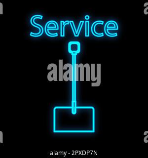 Panneau néon numérique industriel bleu lumineux pour atelier centre d'entretien beau brillant avec une pelle pour réparation sur fond noir et Illustration de Vecteur