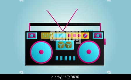 Ancien beau rétro hipster musique audio magnétophone et cassette du 70s, 80s, 90s sur un fond bleu. Illustration de Vecteur