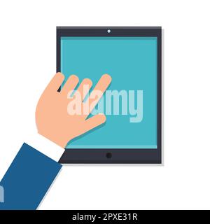 Vector homme d'affaires travaillant avec ses doigts sur le lieu de travail avec une tablette intelligente numérique moderne isolée sur fond blanc vue du dessus, à plat. Concept Illustration de Vecteur