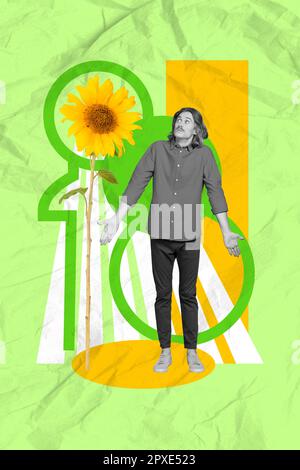 Image affiche bannière collage de jeune gars luclueless cultivant le tournesol ne sachant pas pourquoi seulement un cadeau de plante pour la journée de femme Banque D'Images