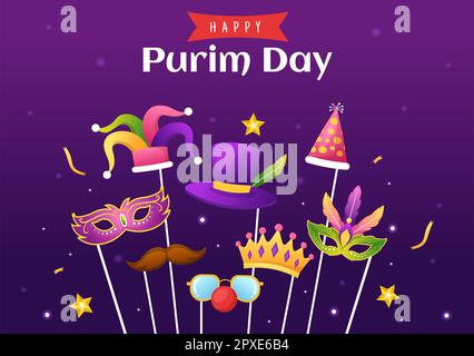 Happy Purim Illustration avec masques de Carnival, fêtes juives et Funfair en dessin à la main pour bannière Web ou modèles de page d'arrivée Banque D'Images