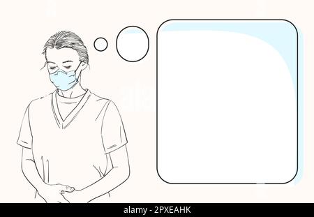 Dessin d'une femme portant un masque médical et regardant vers le bas, modèle d'information bannière avec bulle de pensée, dessin à la main illustration vectorielle Illustration de Vecteur