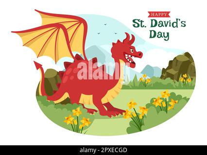 Bonne Saint-David sur l'illustration 1 mars avec Dragons gallois et jonquilles jaunes pour la page d'arrivée dans des modèles dessinés à la main de dessin animé à plat Banque D'Images