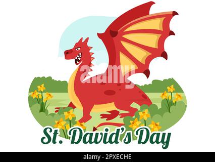 Bonne Saint-David sur l'illustration 1 mars avec Dragons gallois et jonquilles jaunes pour la page d'arrivée dans des modèles dessinés à la main de dessin animé à plat Banque D'Images