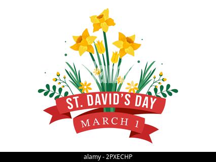 Bonne Saint-David sur l'illustration 1 mars avec Dragons gallois et jonquilles jaunes pour la page d'arrivée dans des modèles dessinés à la main de dessin animé à plat Banque D'Images