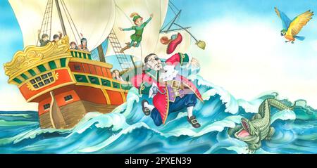 Histoires d'enfants - Peter Pan et Captain Hook sautant de Galleon Banque D'Images
