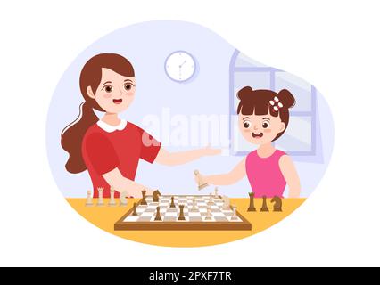 Illustration du jeu de Chess Board avec des enfants assis en face et jouant pour la bannière Web ou la page d'arrivée dans le dessin animé à la main dessin animé de dessin animé Illustration Banque D'Images