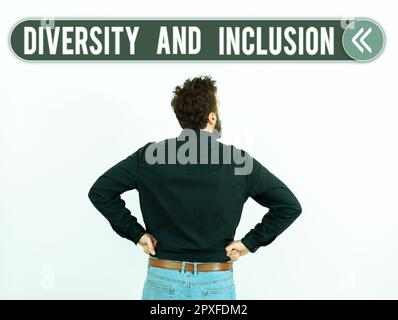 Affiche montrant diversité et inclusion, mot écrit sur l'aire de répartition différence humaine inclut la race ethnicité sexe Banque D'Images