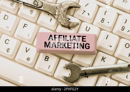 Affiche de texte montrant le marketing d'affiliation, vue d'ensemble d'affaires faisant la promotion d'un autre produit de personnes gagnant une commission Banque D'Images