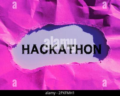 Exposition conceptuelle Hackathon, mot écrit sur l'événement où un grand nombre de personnes s'engagent dans la programmation Banque D'Images