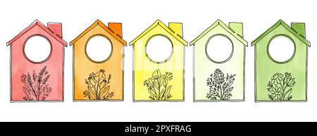 Un ensemble d'aquarelles dessinées à la main de maisons colorées de fleurs rouges, orange, jaunes et vertes et de plantes d'été sous forme de graphiques sur un backgroun blanc Banque D'Images