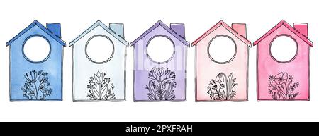 Un ensemble d'aquarelles peintes à la main de maisons colorées faites de fleurs bleues, pourpres et roses et de plantes d'été sous forme de graphiques sur fond blanc Banque D'Images