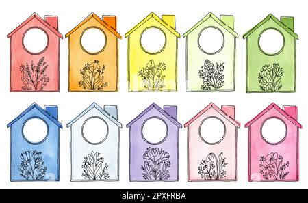 Un ensemble aquarelle peint à la main de maisons colorées de couleurs arc-en-ciel et de plantes d'été sous forme de graphiques sur fond blanc. arc-en-ciel, jardin, v Banque D'Images