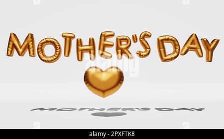Joyeux fête des mères carte de voeux coeur doré ballons 3D design de rendu. Banderole festive affiche brillant métallique or volant gonflable lettres texte s. Banque D'Images
