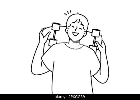Homme souriant posant avec un skateboard à l'extérieur. Jeune homme heureux avec spectacle de planche à roulettes passe-temps et divertissement. Illustration vectorielle. Banque D'Images