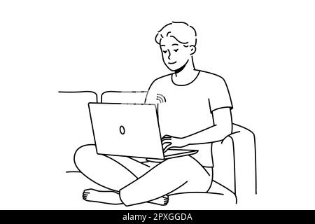 Un homme souriant s'assoit sur un canapé et travaille sur un ordinateur portable via un réseau sans fil. Un jeune homme heureux se détendre sur un canapé naviguer sur Internet sur un ordinateur. Illustration vectorielle. Banque D'Images