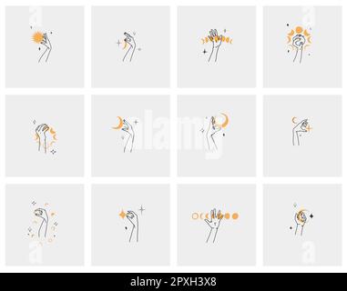 Dessin à la main vecteur résumé contour, graphique, jeu de ligne magie main humaine avec la lune et le logo d'étoile dans le style moderne minimaliste.Lune et le contour de signe d'étoile Illustration de Vecteur