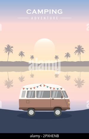 Camping tropical aventure vacances d'été avec camping-car vecteur illustration EPS10 Illustration de Vecteur