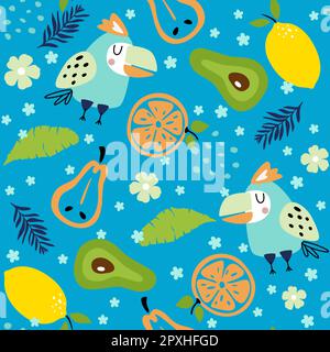 Motif sans couture avec de jolis oiseaux, fleurs, feuilles et fruits Illustration de Vecteur