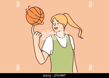 Une jeune femme souriante fait tourner le ballon de basket-ball sur le doigt. Une athlète ou un joueur heureux de sexe féminin s'amuser à jouer en plein air. Sport et passe-temps. Illustrateur de vecteur Banque D'Images