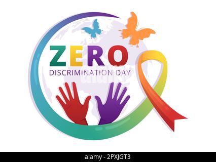 Illustration du jour de discrimination zéro avec différentes personnes et différentes couleurs pour la page d'arrivée dans le modèle de vol papillon dessiné à la main de dessin animé par un dessin animé Banque D'Images