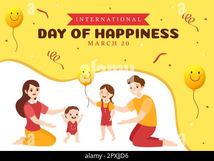 Célébration de la Journée mondiale du bonheur Illustration avec l'expression visage souriant des enfants jaune pour bannière Web ou page d'arrivée dans des modèles dessinés à la main de dessin animé Banque D'Images