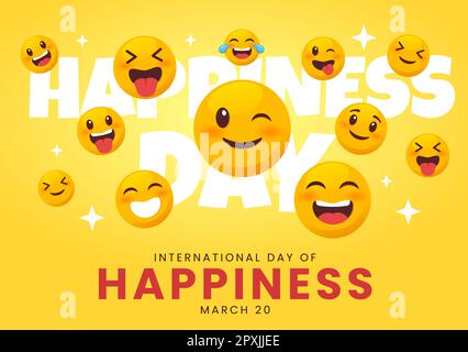 Célébration de la Journée mondiale du bonheur Illustration avec expression de visage souriant jaune pour bannière Web ou page de renvoi en dessin animé à la main Banque D'Images