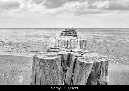 Groyne entrant dans la mer Baltique. Image en noir et blanc de la mer sur la côte allemande. Paysage de la nature Banque D'Images