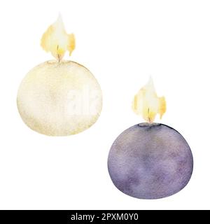 Bougies chauffe-plat assorties dessinées à la main et éclairées par des flammes. Votives, boules, lampes à thé, piliers. Objet isolé sur fond blanc. Design pour le bien-être Banque D'Images