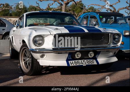 Détail d'une belle voiture de sport américaine classique, une Ford Shelby Cobra GT350 blanche avec des lignes bleues Banque D'Images