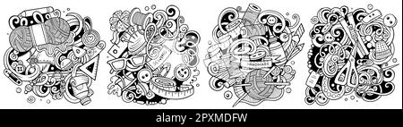 Ensemble de motifs de dessin animé faits main. Compositions détaillées et esquissantes avec beaucoup d'objets et de symboles artisanaux Illustration de Vecteur