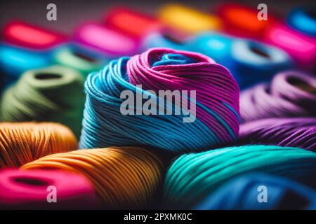 Colorful background made of many wool yarn balls.Different colorful sewing threads. Banque D'Images