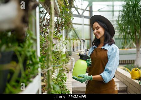 Jeune femme jardinière plantes d'entretien traitant les fleurs avec des produits chimiques du pulvérisateur. Serres Banque D'Images