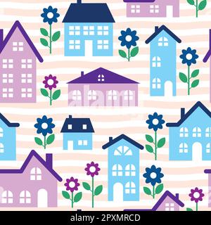 Motif avec de jolies maisons et des fleurs sur un fond rayé. Illustration de Vecteur
