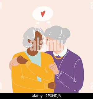 Illustration d'un vecteur de rétablissement de la santé mentale d'un couple gay adulte âgé. Soulagement psychique des femmes LGBTQ âgées dans un calme et l'amour donnant des hugs. Personnes matures Illustration de Vecteur