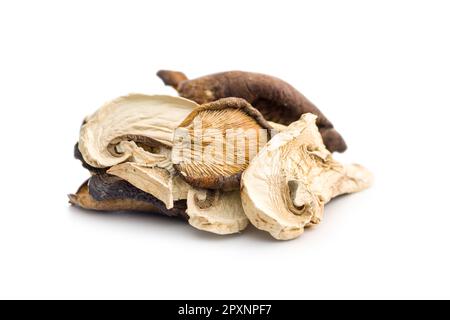 Divers champignons séchés en tranches isolés sur fond blanc. Banque D'Images