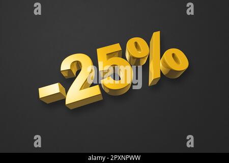 25 % de réduction. Offre de vente. 3D illustration isolée sur noir. Tarif promotionnel. Numéro Gold Banque D'Images