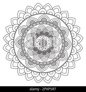 Explorez ce design captivant mandala noir et blanc, avec des contours floraux complexes parfaits pour colorier des pages de livre ou comme design autonome Banque D'Images