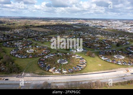 Le complexe de jardin circulaire de Brøndby Haveby. Il a été conçu par l'architecte paysagiste danois Erik Mygind. Banque D'Images