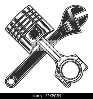 Outil à clé réglable et piston de moteur pour les travaux de réparation de voitures et de camions sur fond blanc illustration monochrome isolée Banque D'Images