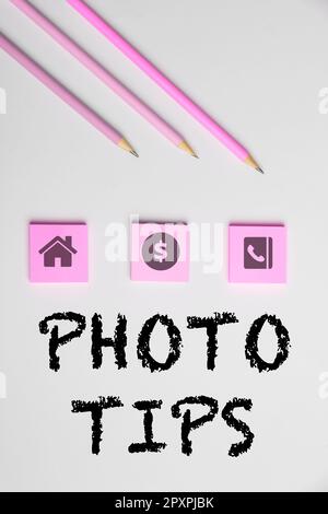 Légende conceptuelle conseils photo, mot pour les suggestions pour prendre de bonnes photos conseils pour une grande photographie Banque D'Images