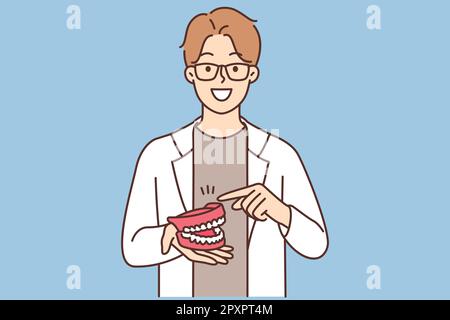 Le dentiste montre le modèle de la mâchoire. Un jeune dentiste stagiaire porte un modèle de mâchoire dentaire entre ses mains. Le concept de la dentisterie. Illustration vectorielle Banque D'Images