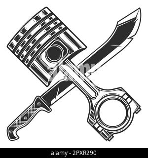Piston de moteur et épée de machette de construction sur fond blanc isolé monochrome illustration Illustration de Vecteur