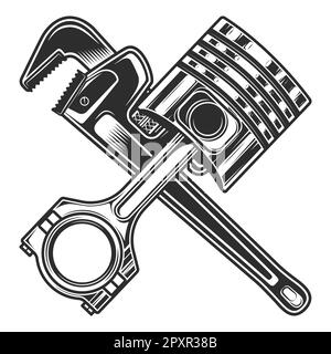 Outil de clé mécanique et piston de moteur pour les travaux de réparation de voiture et de camion sur fond blanc illustration monochrome isolée Illustration de Vecteur