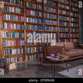 Livres sur étagères dans une bibliothèque vide. Arrière-plan du livre. Connaissance et étude à la maison. Intérieur confortable pour la lecture. Lisez le concept de loisirs et d'éducation de loisir. Stockage des archives. Pouvoir de sagesse Banque D'Images