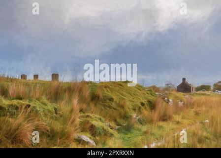 Peinture numérique de la carrière abandonnée de Rhos Slate à Capel Curig, en dessous de Moel Siabod dans le parc national de Snowdonia, au pays de Galles Banque D'Images