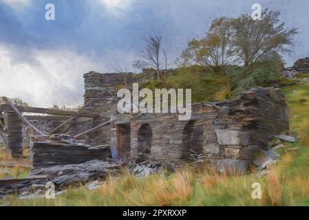 Peinture numérique de la carrière abandonnée de Rhos Slate à Capel Curig, en dessous de Moel Siabod dans le parc national de Snowdonia, au pays de Galles Banque D'Images