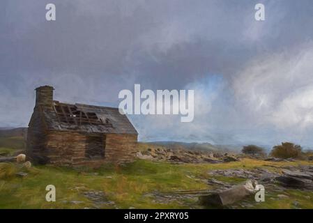 Peinture numérique de la carrière abandonnée de Rhos Slate à Capel Curig, en dessous de Moel Siabod dans le parc national de Snowdonia, au pays de Galles Banque D'Images